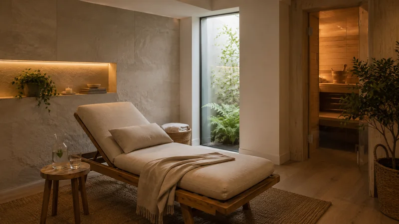 Wellnessbereich zu Hause: Ruhebereich mit Liege neben Bad und Sauna